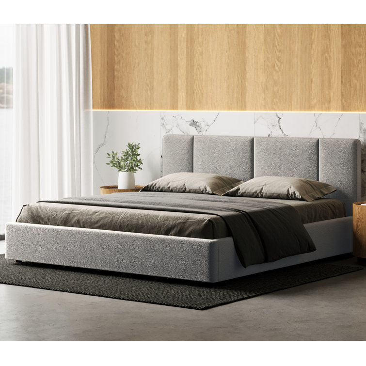 Gray King Upholstered Platform Bed with Tufted Headboard