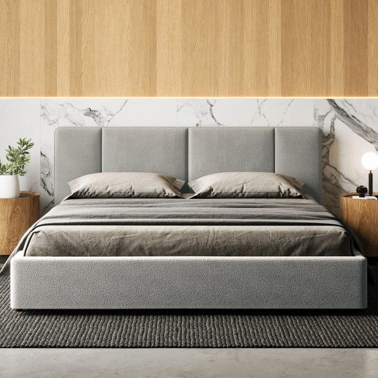Gray King Upholstered Platform Bed with Tufted Headboard
