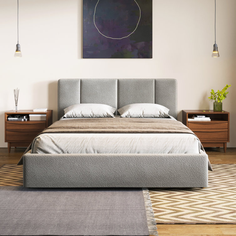 Gray Boucle Upholstered Queen Bed with Tufted Headboard