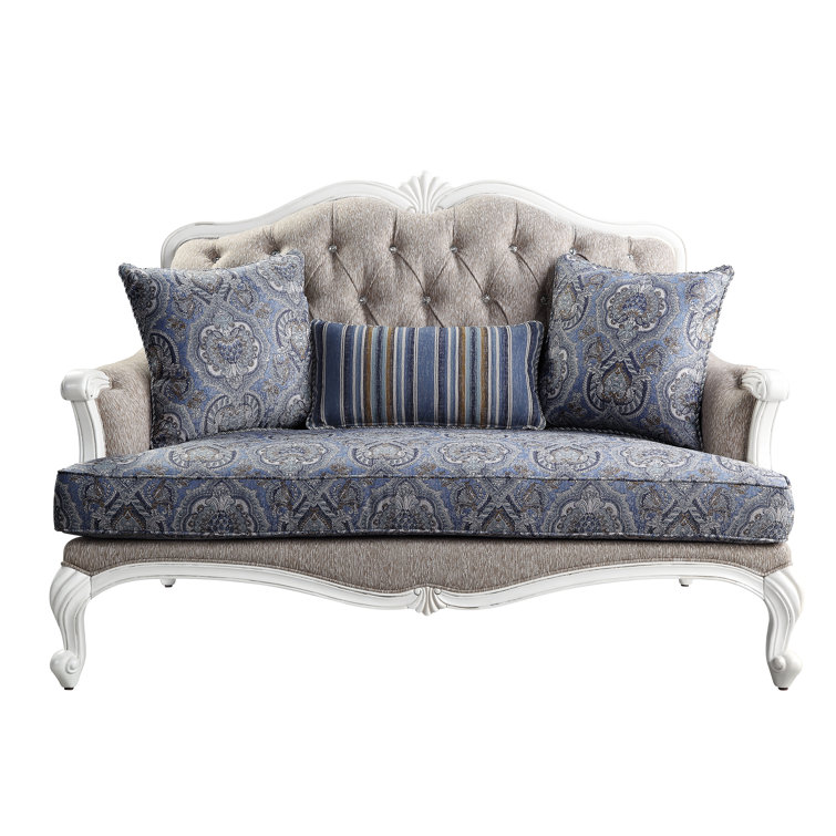 White Floral Tufted Fabric Loveseat with Wood Frame
