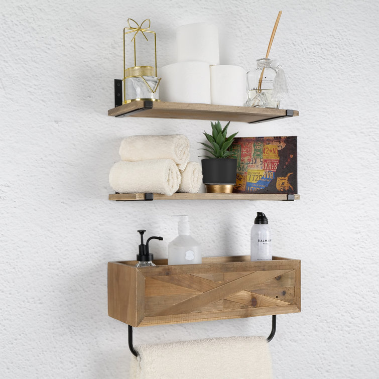 Rustic Brown Wood Floating Wall Shelf with Towel Bar
