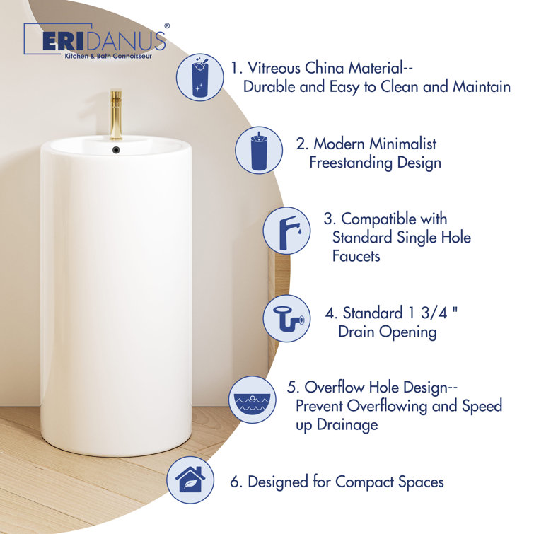 Crisp White Ceramic Round Pedestal Bathroom Sink with Overflow