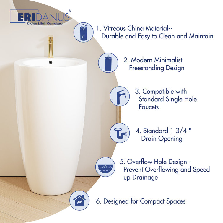 Glossy White Ceramic Round Pedestal Bathroom Sink with Overflow