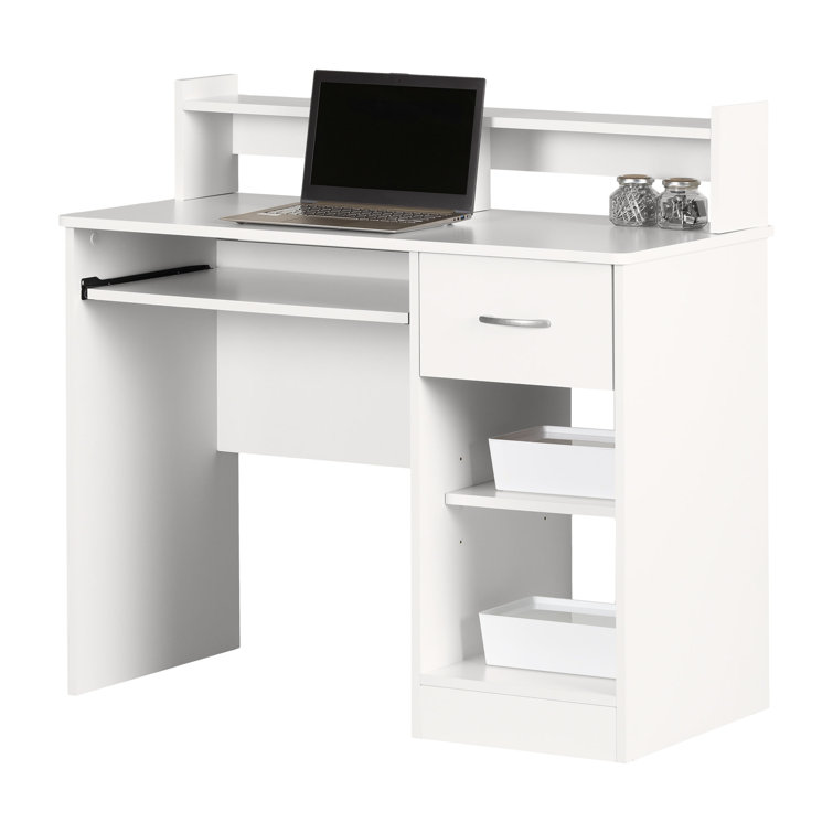 White Wood Computer Desk with Hutch and Drawer