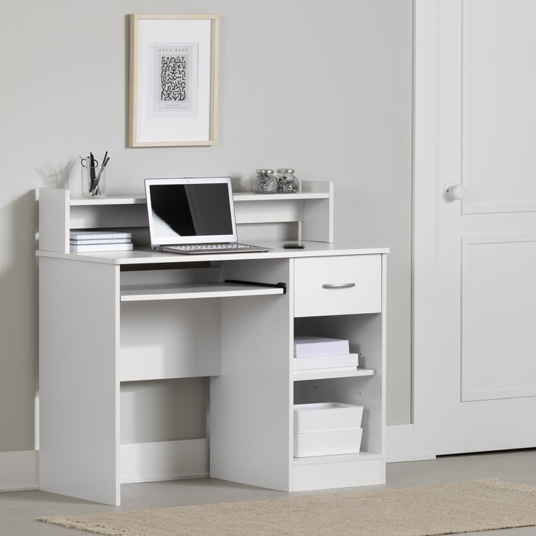 White Wood Computer Desk with Hutch and Drawer
