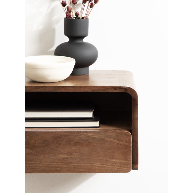 Walnut Mango Wood Floating Shelf with Drawer