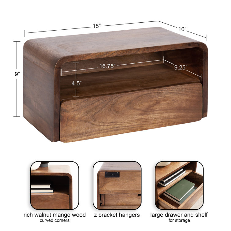Walnut Mango Wood Floating Shelf with Drawer