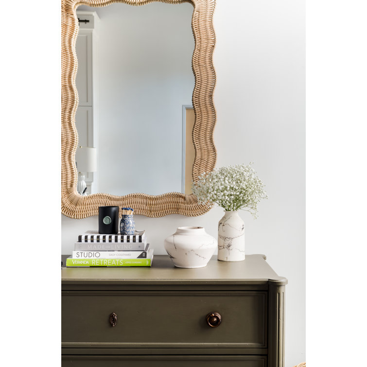 Scalloped Rectangular Rattan Wall Mirror with Glass
