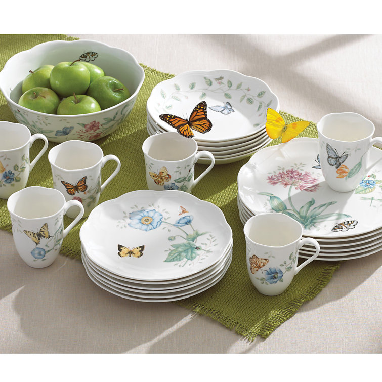 Butterfly Meadow 18-Piece White Porcelain Dinnerware Set with Floral Graphics