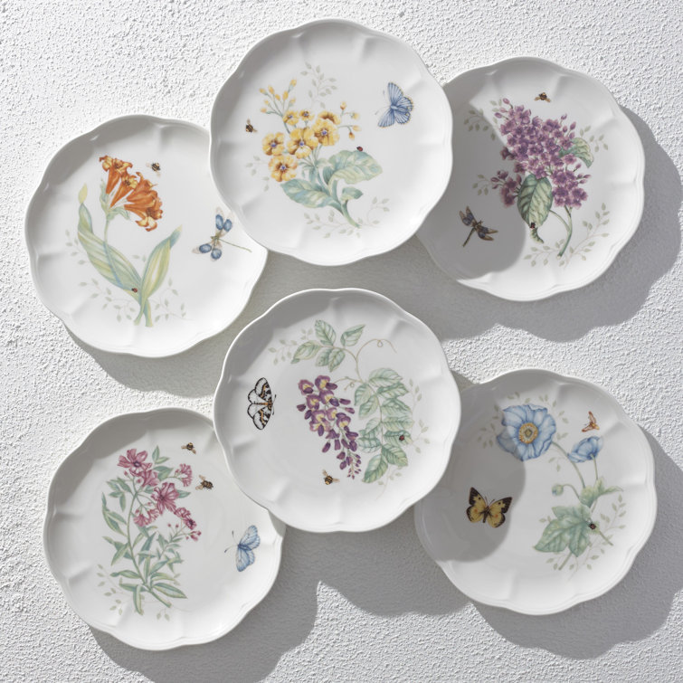 Butterfly Meadow 18-Piece White Porcelain Dinnerware Set with Floral Graphics