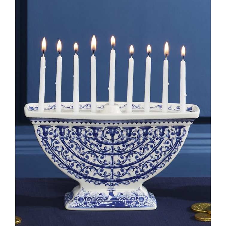 Sapphire Blue Ceramic Baroque Print Menorah