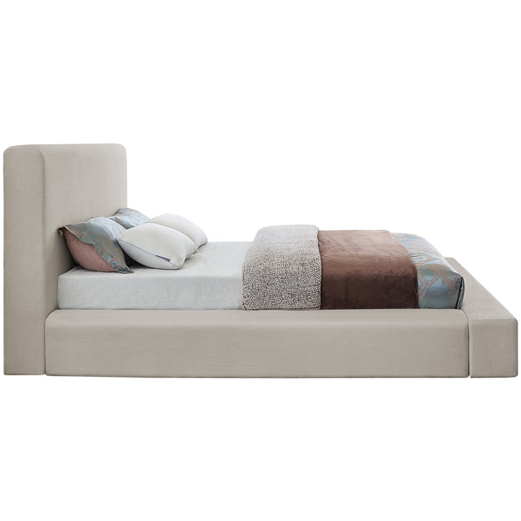 Cream Linen Upholstered Queen Platform Bed with Headboard