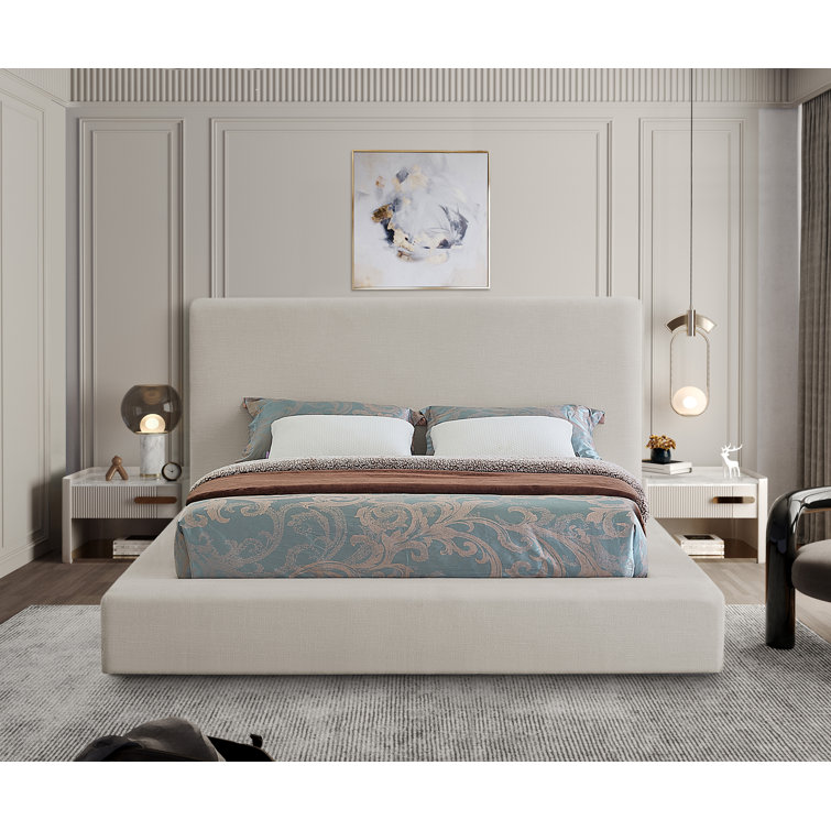 Cream Linen Upholstered Queen Platform Bed with Headboard