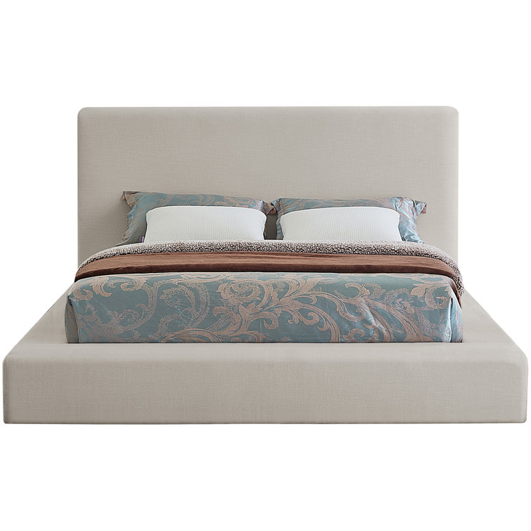 Cream Linen Upholstered Queen Platform Bed with Headboard