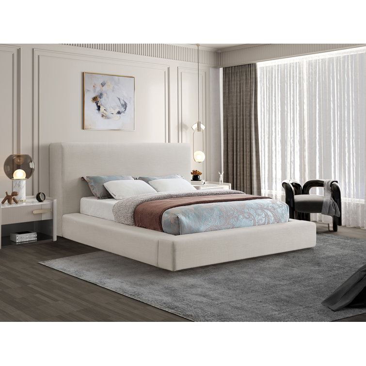 Cream Linen Upholstered Queen Platform Bed with Headboard