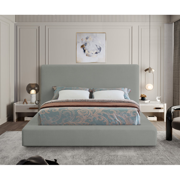 Cream Linen Upholstered Queen Platform Bed with Headboard