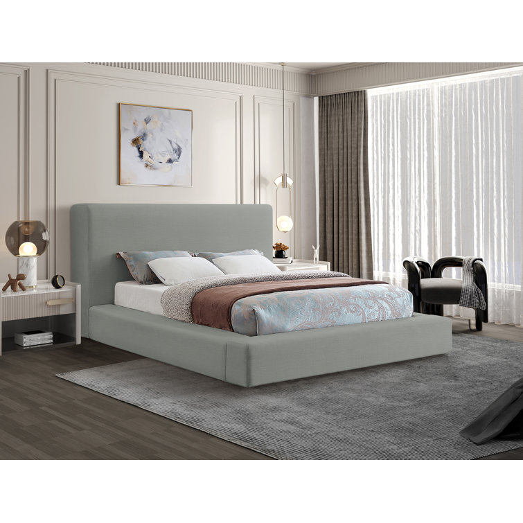 Cream Linen Upholstered Queen Platform Bed with Headboard