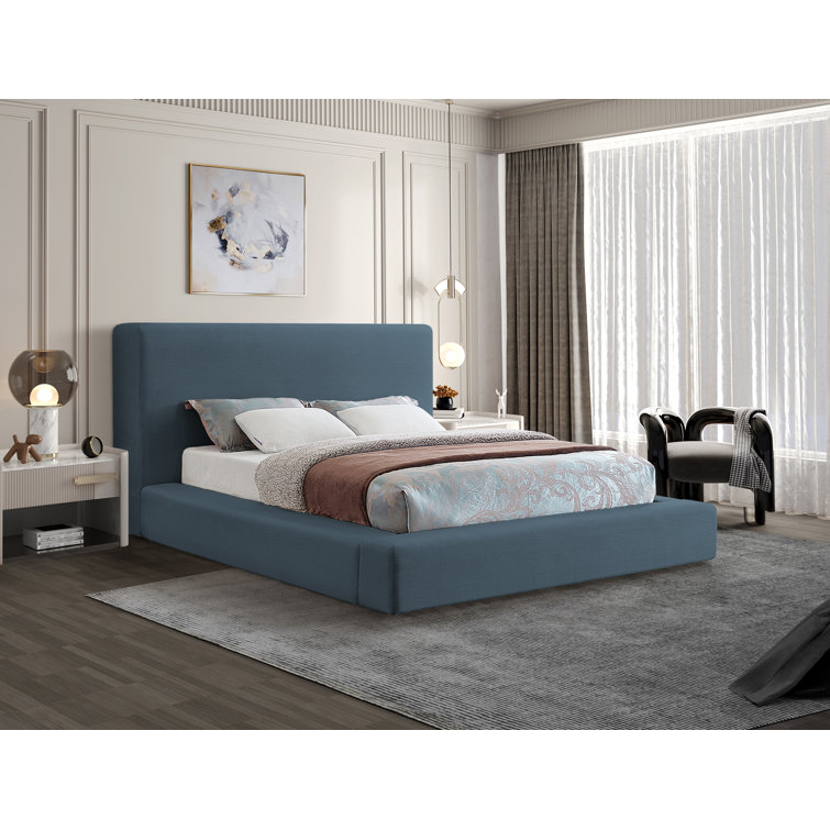 Cream Linen Upholstered Queen Platform Bed with Headboard