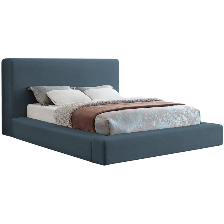 Navy Linen Upholstered Queen Platform Bed with Headboard