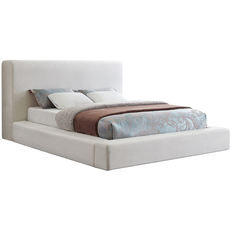 Cream Linen Upholstered Queen Platform Bed with Headboard