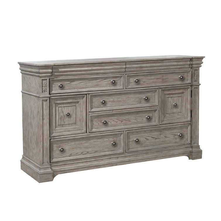 French Gray Oak 8-Drawer Dresser with Mirror