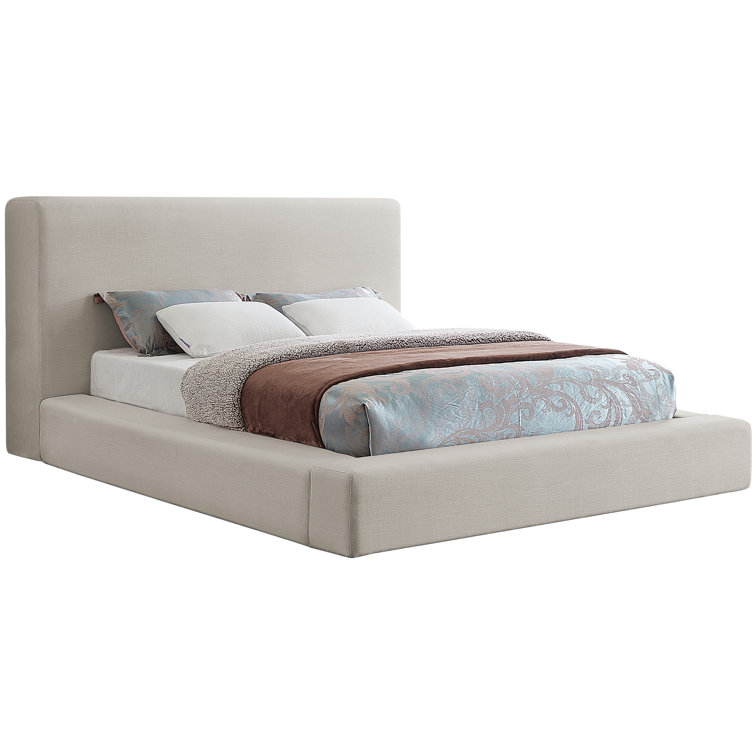 Beige Linen Upholstered Queen Platform Bed with Headboard