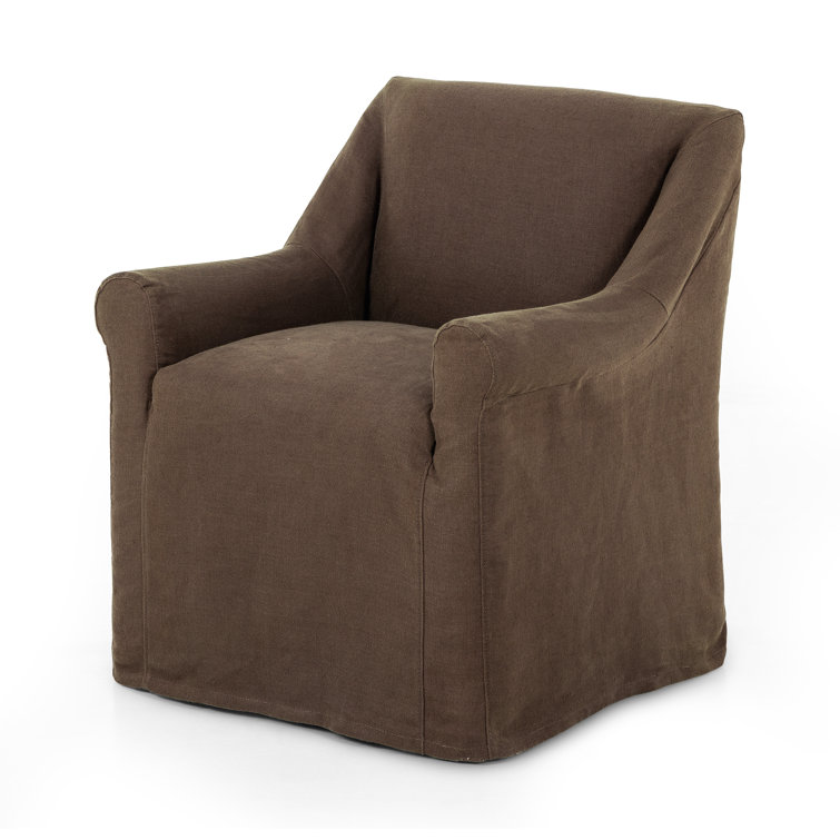 Brown Linen Upholstered Arm Chair with Wood Frame