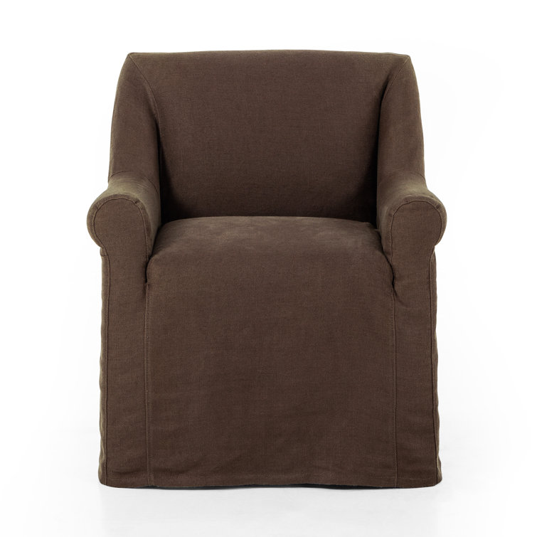 Brown Linen Upholstered Arm Chair with Wood Frame