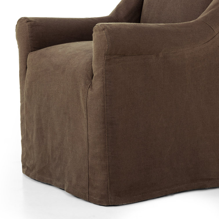 Brown Linen Upholstered Arm Chair with Wood Frame