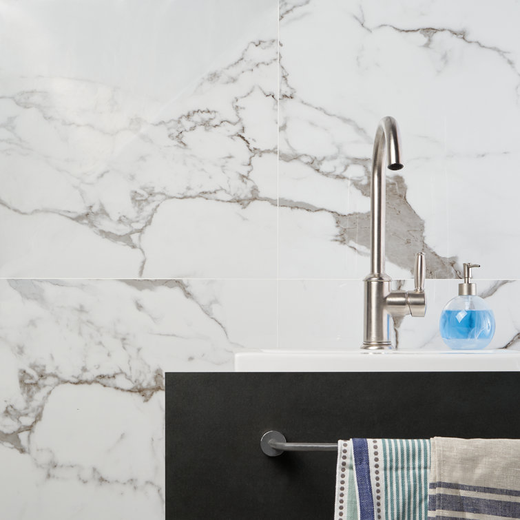 24" x 24" Polished White Porcelain Marble Look Tile