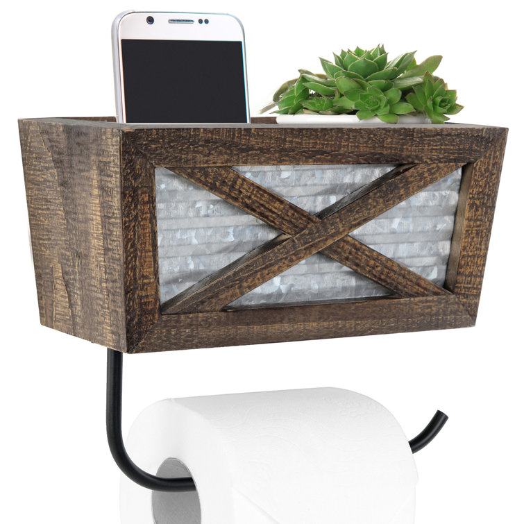 Rustic Brown Wood and Metal Wall Mounted Toilet Paper Holder with Basket
