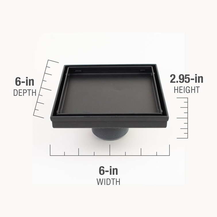 6" Matte Black Square Shower Drain with Tile-In Grate