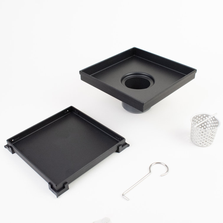6" Matte Black Square Shower Drain with Tile-In Grate
