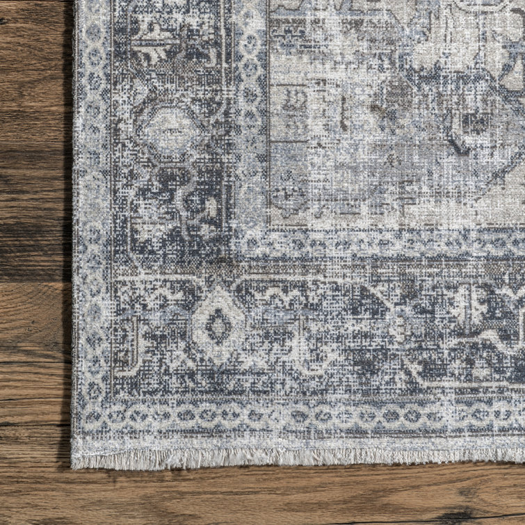 Light Gray Synthetic Washable Rectangular Area Rug with Fringed Ends
