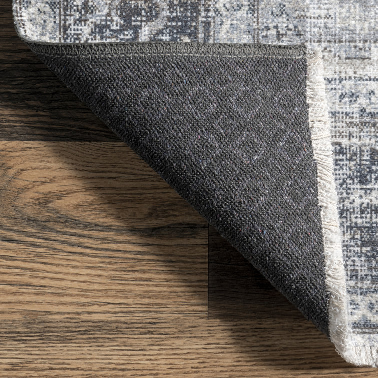 Light Gray Synthetic Washable Rectangular Area Rug with Fringed Ends
