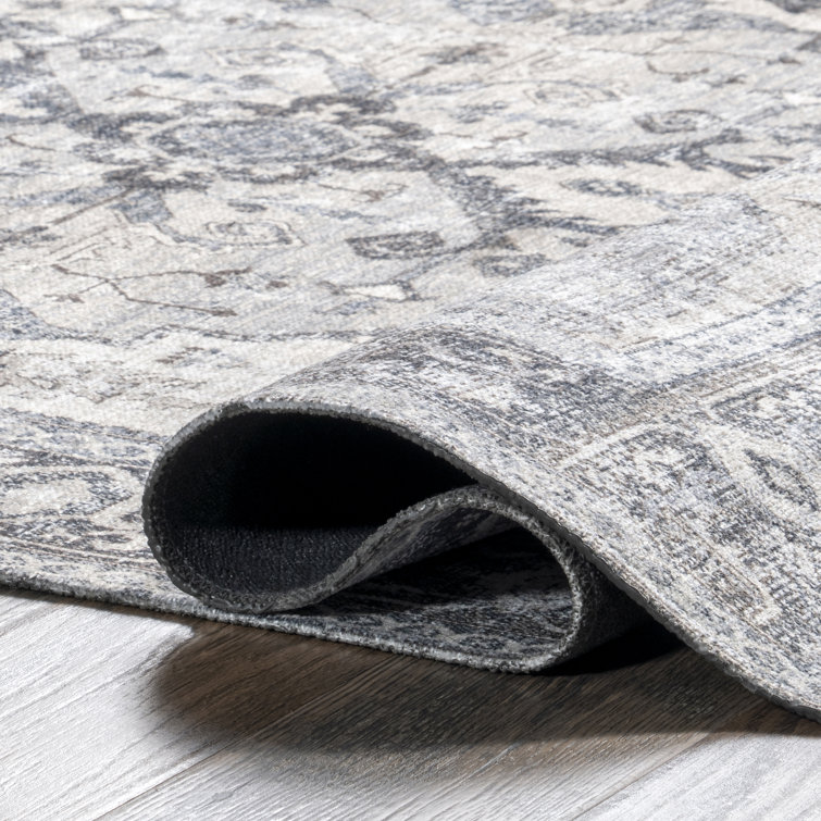 Light Gray Synthetic Washable Rectangular Area Rug with Fringed Ends