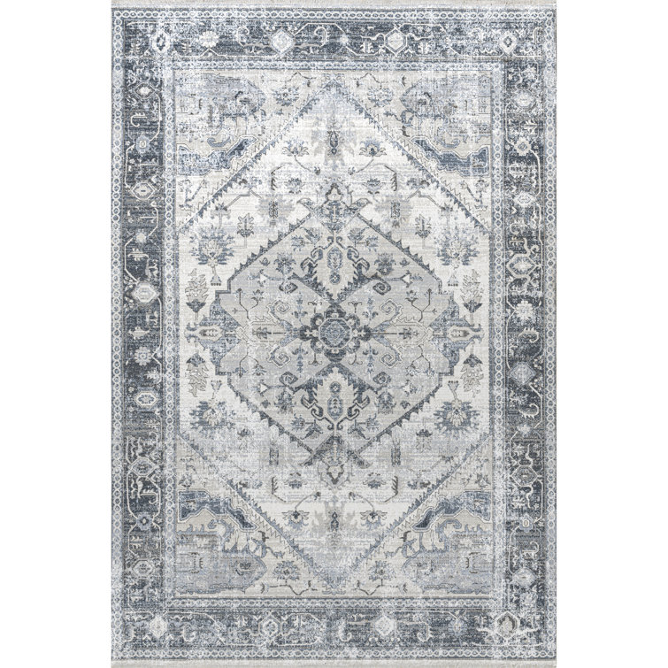 Light Gray Synthetic Washable Rectangular Area Rug with Fringed Ends