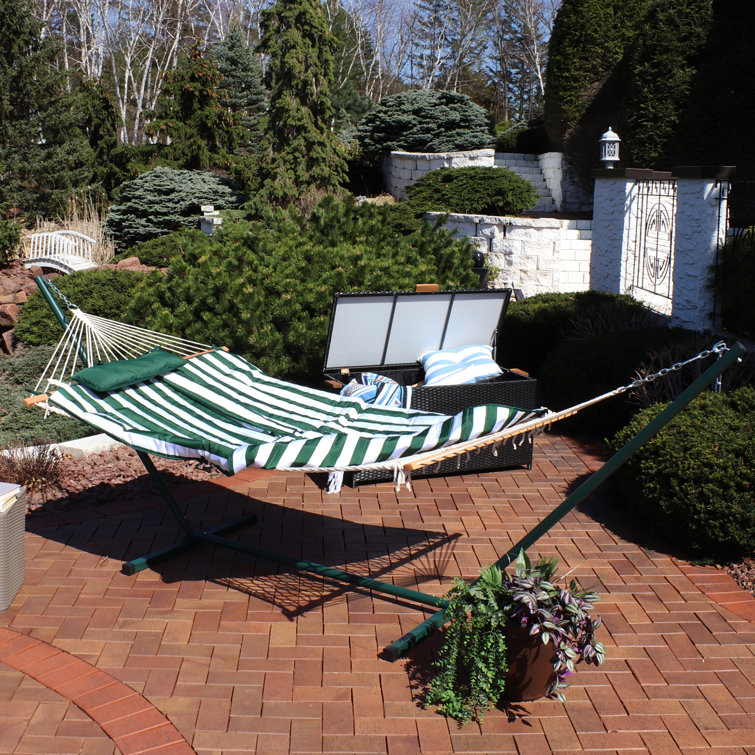 Green and White Stripe Cotton Rope Hammock with Steel Stand