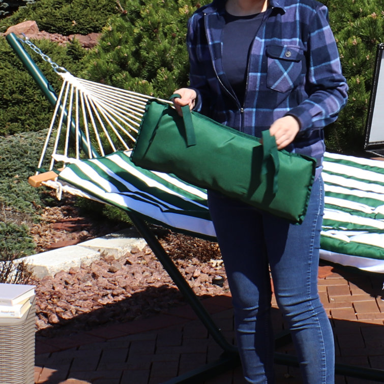 Green and White Stripe Cotton Rope Hammock with Steel Stand