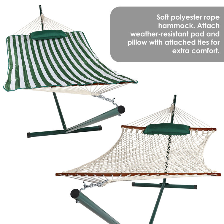Green and White Stripe Cotton Rope Hammock with Steel Stand