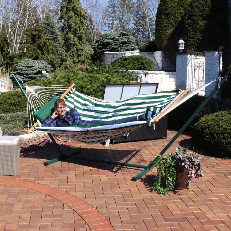 Green and White Stripe Cotton Rope Hammock with Steel Stand