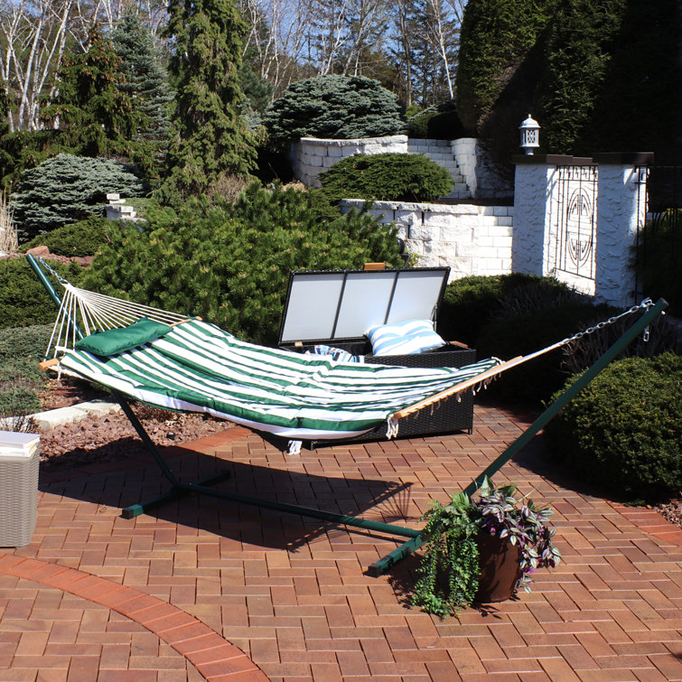 Green and White Stripe Cotton Rope Hammock with Steel Stand