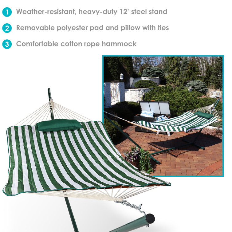 Green and White Stripe Cotton Rope Hammock with Steel Stand