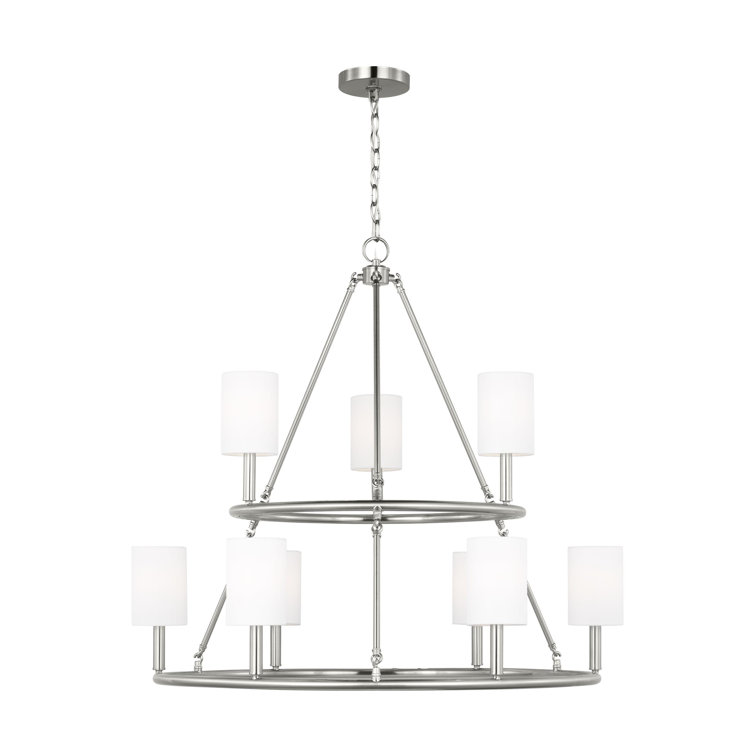 Egmont Brushed Steel 9-Light Chandelier with White Linen Shades