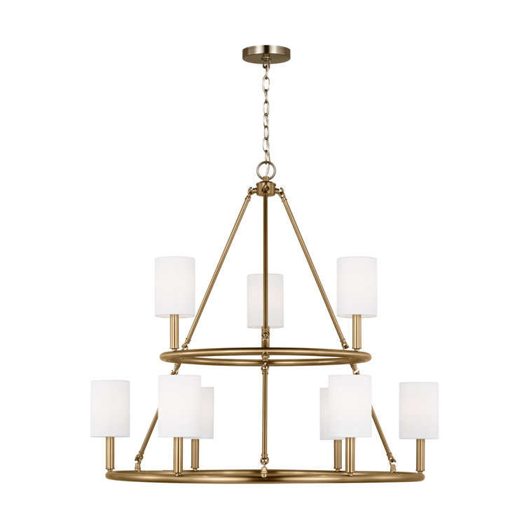 Egmont Satin Brass 9-Light Chandelier with White Linen Shades