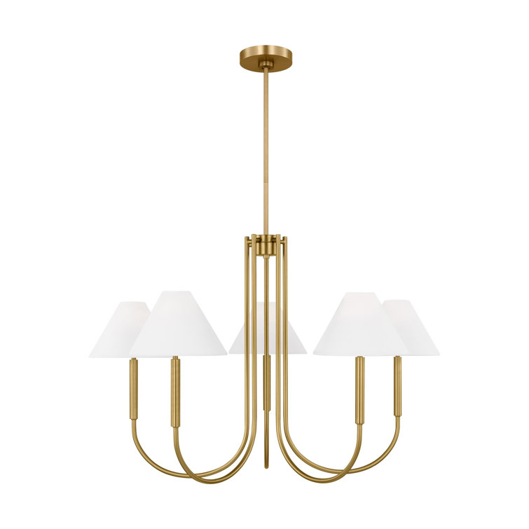 Satin Brass 6-Light Chandelier with White Linen Shades