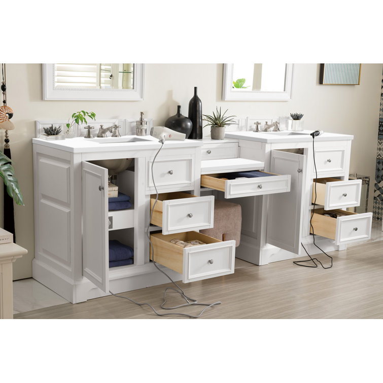 Bright White Solid Wood Double Vanity with Carrara Marble Top