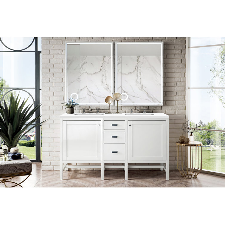 Addison 60" Glossy White Double Freestanding Vanity with Porcelain Sinks