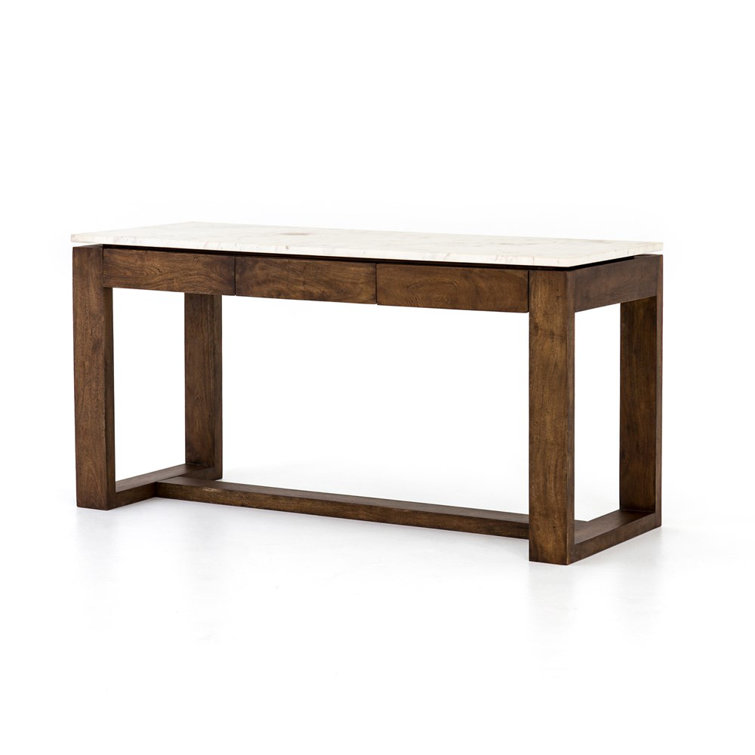 Brown Acacia and White Marble Kitchen Island with Drawers