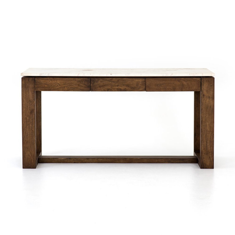 Brown Acacia and White Marble Kitchen Island with Drawers